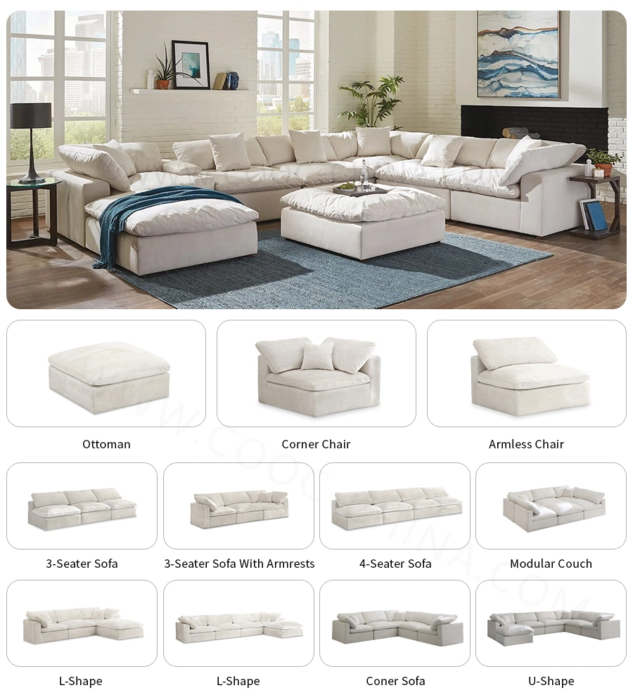 Modern Home Living Room Furniture White Velvet Fabric Modular Sectional Cloud Couch Sofa with Ottoman